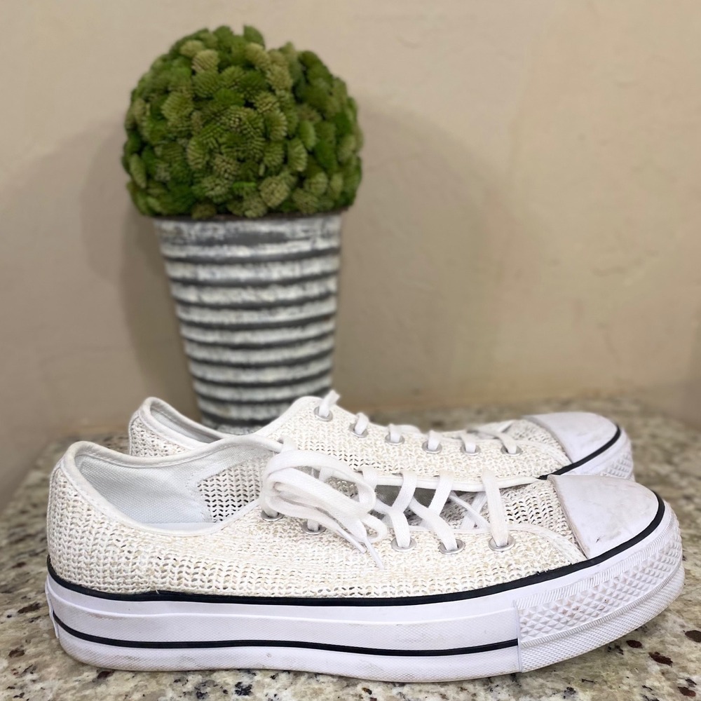 Converse Chuck Taylor All Star Lift Platform‎ Crochet White Tan Sneakers 570792C